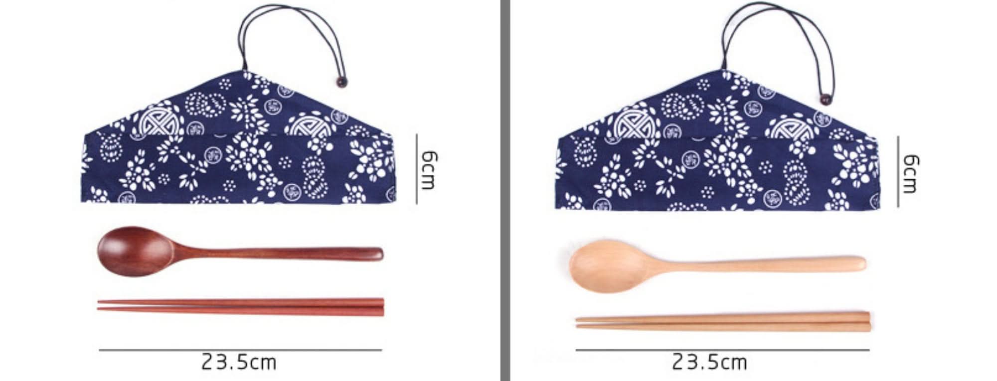 Japanese Wood Cooking Utensils with blue & white floral fabric case, spoon, chopsticks. Natural wood.